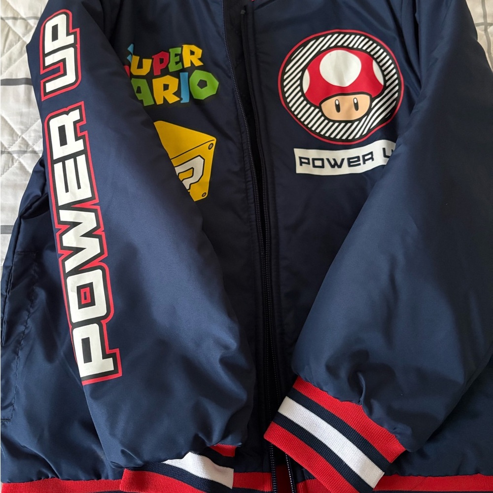 Nintendo Navy Super Mario 'Power Up' Puffer Jacket with Red & White Accents